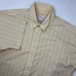Brooks Brothers Shirt Mens Medium Button Down Yellow Blue Striped Short Sleeve